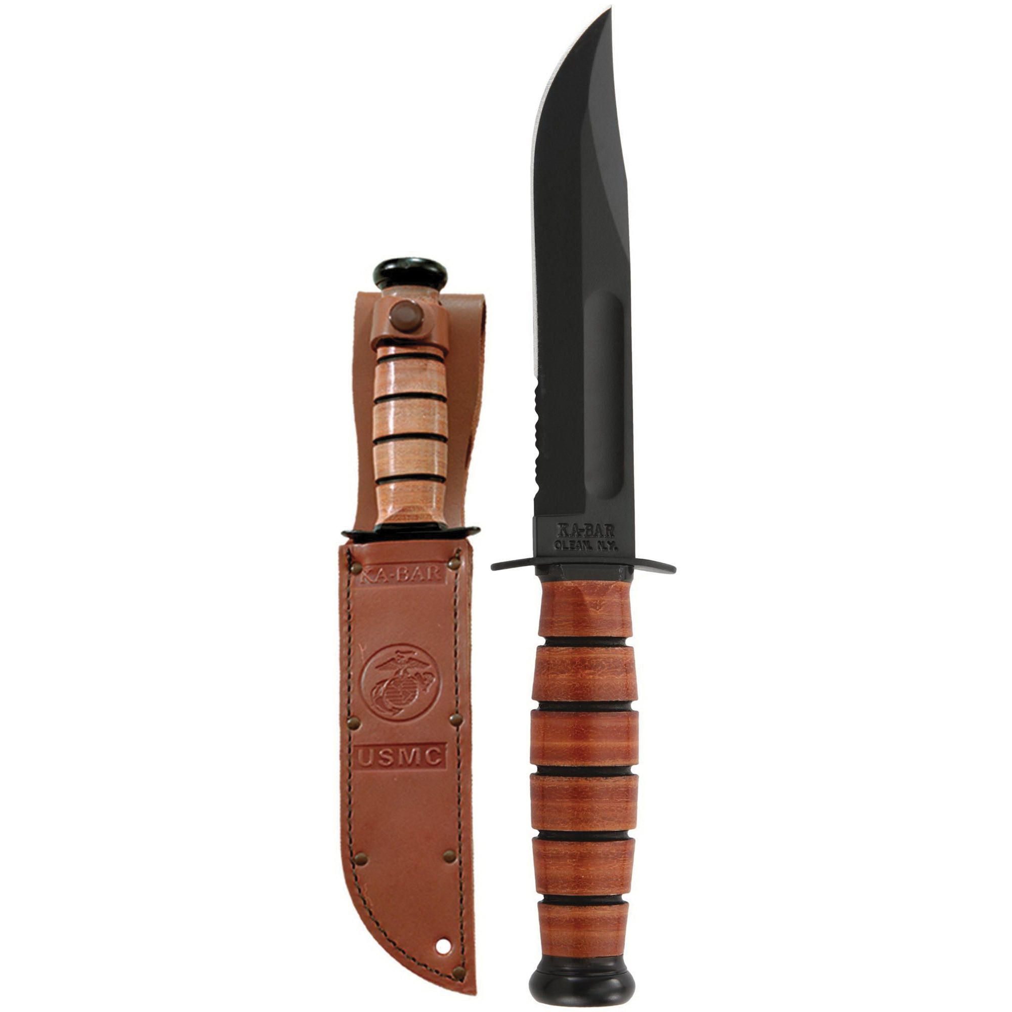 KA-BAR USMC Short Clip Point Fixed Blade Knife, 5.25", Partially Serrated Edge, Brown - 1252 - Ka-Bar