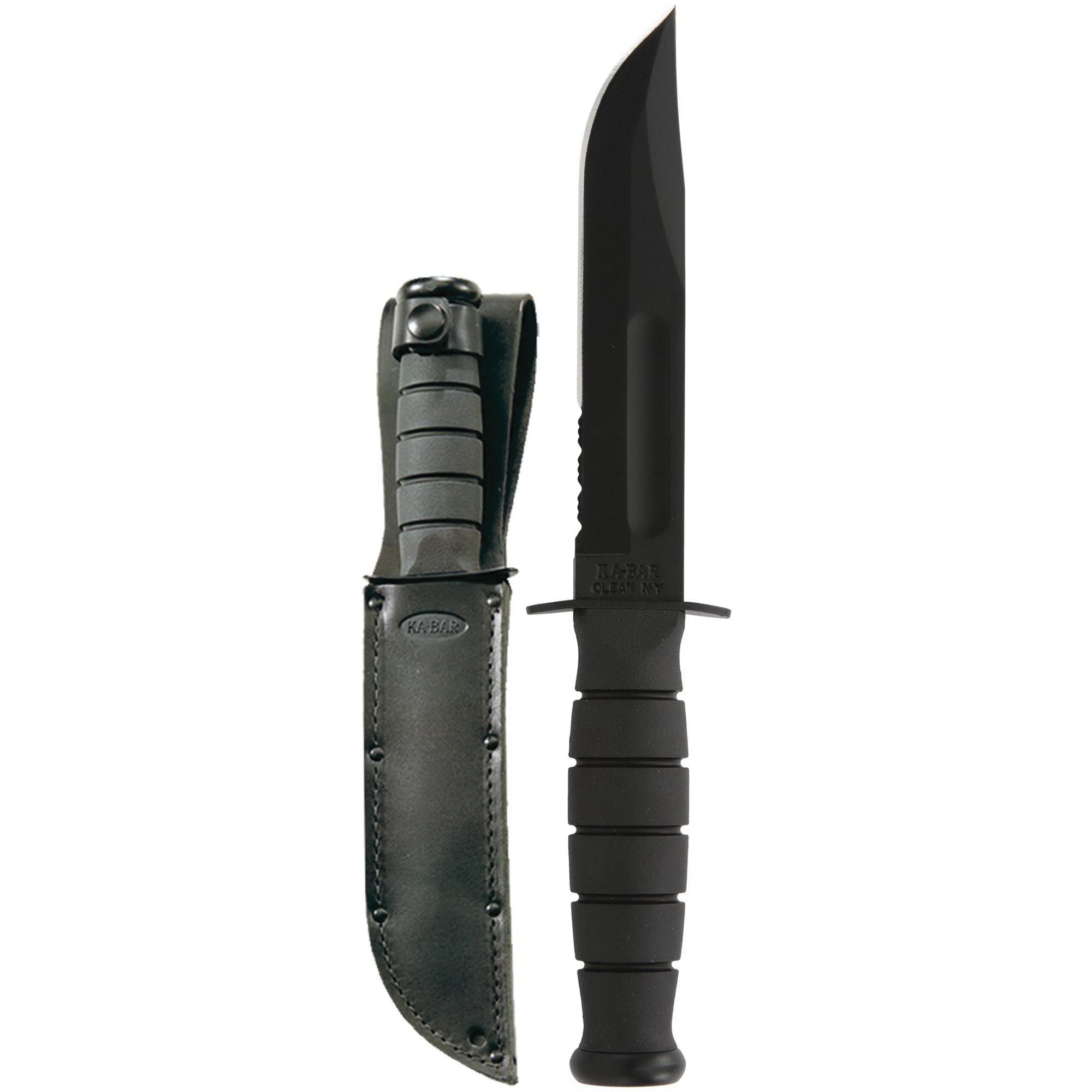 KA-BAR Clip Point Short Fixed Blade Knife, 5.25", Partially Serrated Edge, Black - 1257