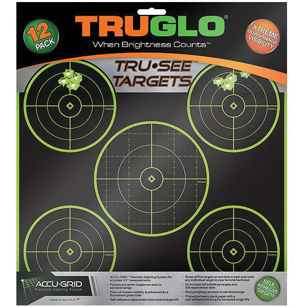 TruGlo Tru See 12" x 12" Splatter Self-Adhesive 5-Bullseye Target, Fluorescent Green/Black, 12/pack - TG11A12 - Truglo