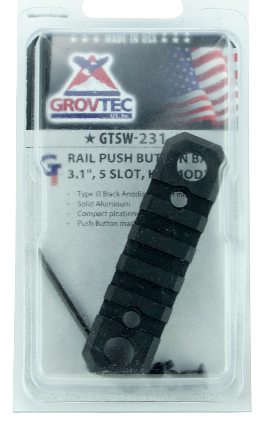 GrovTec KeyMod Aluminum 5-Slot Picatinny Rail w/ Push Button Base, Type III Anodized Black - GTSW231 - Grovtec Us Inc