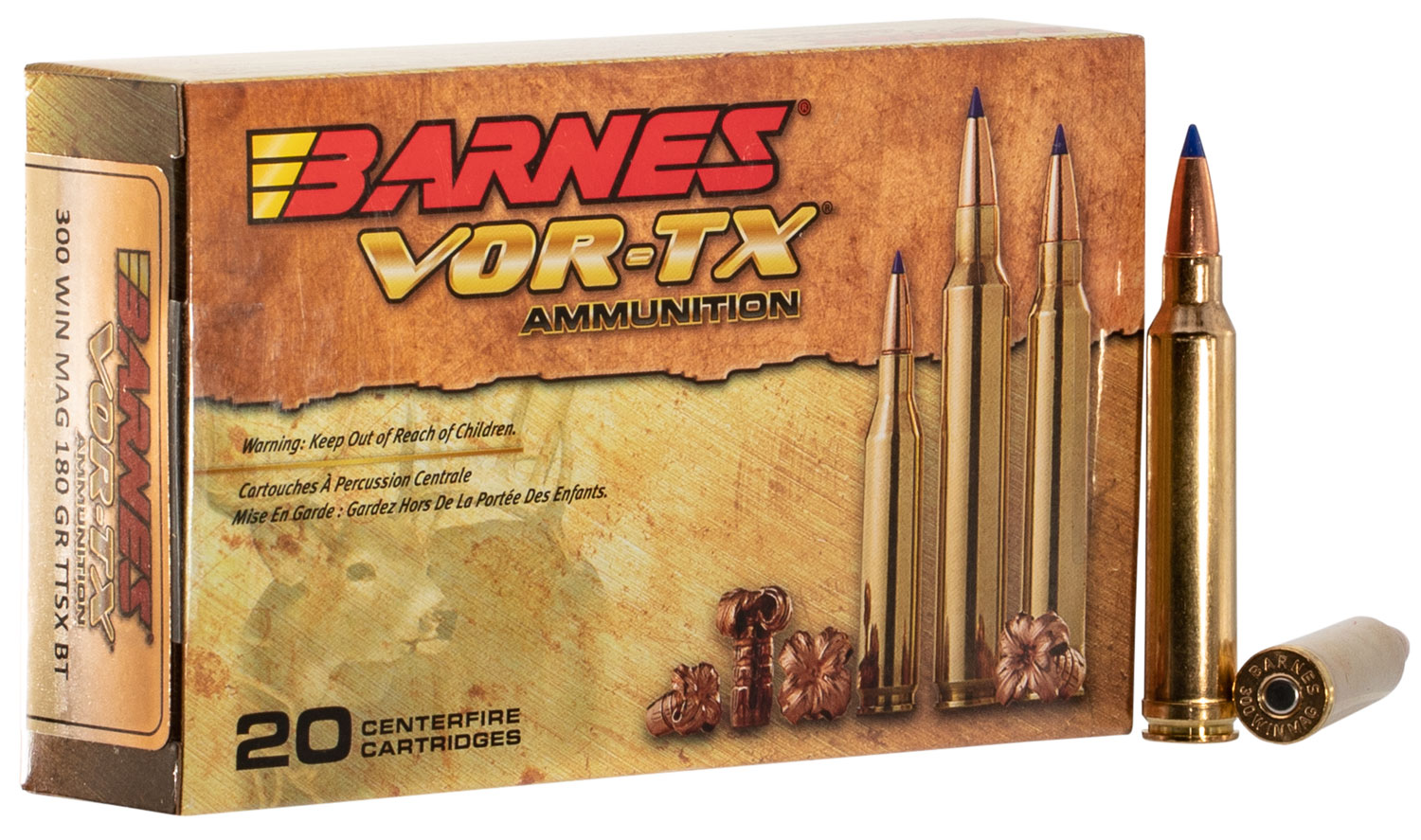 Barnes Bullets VOR-TX 180 gr Tipped TSX Boat Tail .300 Win Mag Ammo, 20/box - 21538 - Barnes