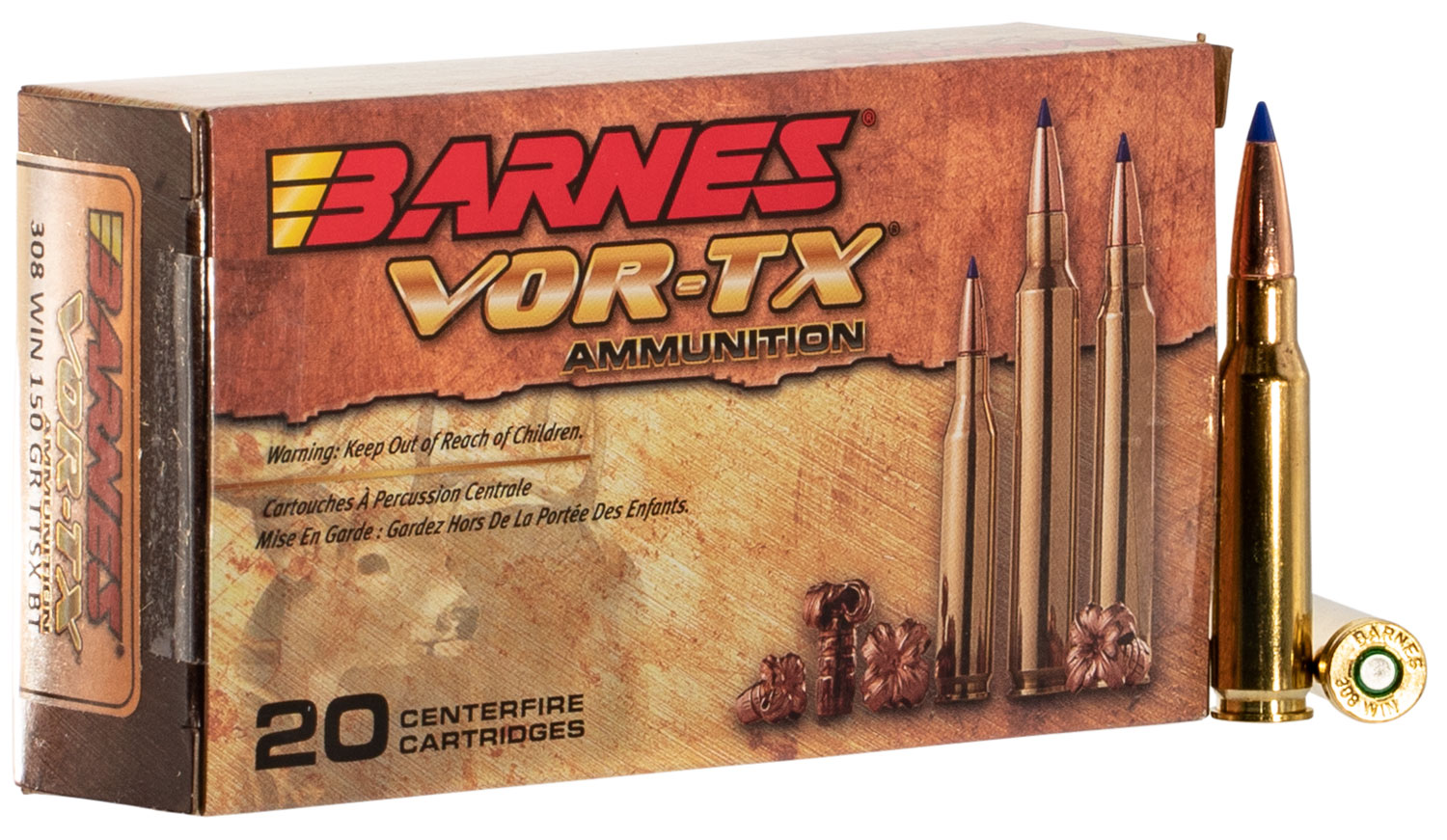 Barnes Bullets VOR-TX 150 gr Tipped TSX Boat Tail .308 Win Ammo, 20/box - 21540 - Barnes