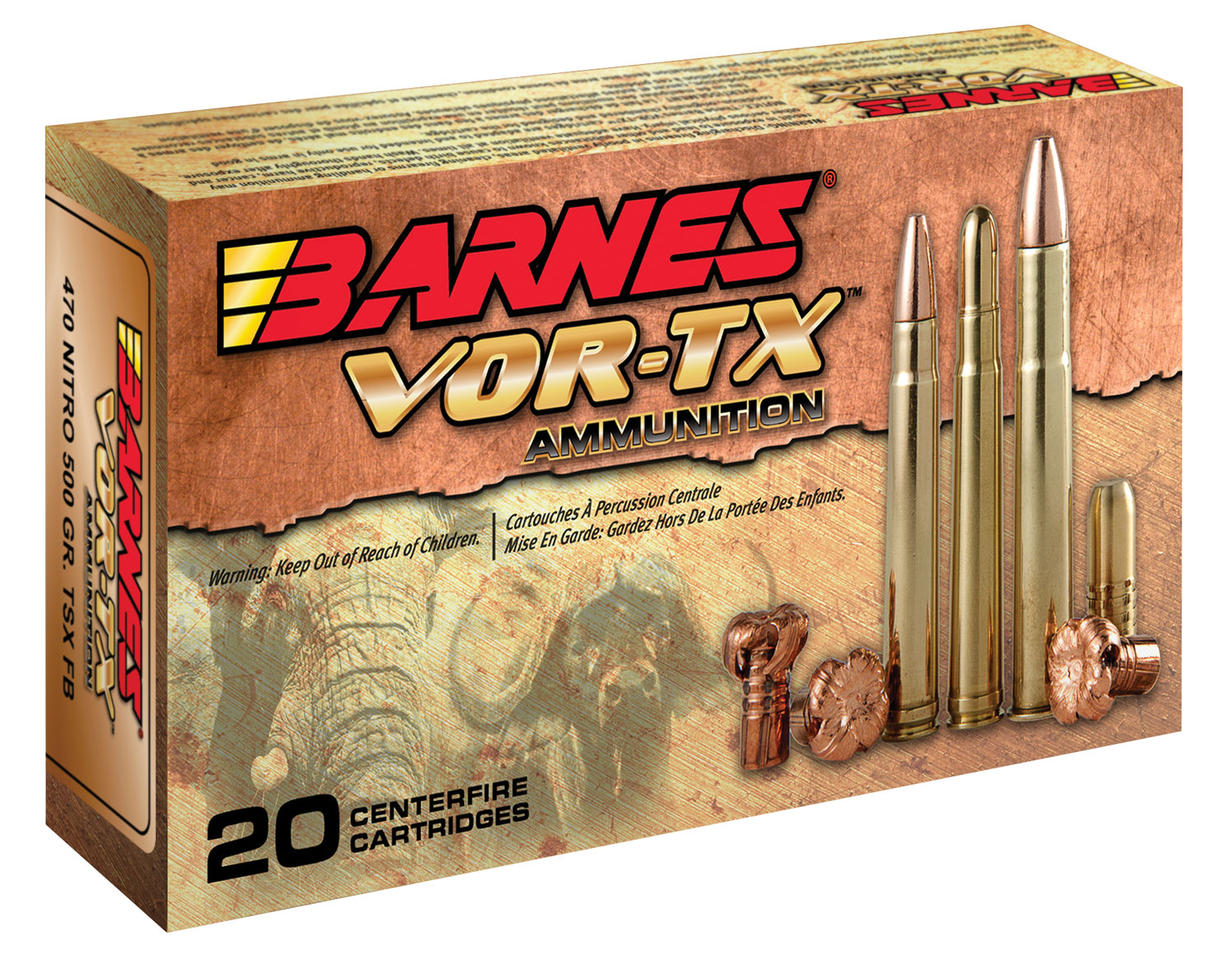 Barnes Bullets VOR-TX Safari 500 gr TSX Flat Base .470 Nitro Express Ammo, 20/box - 22030