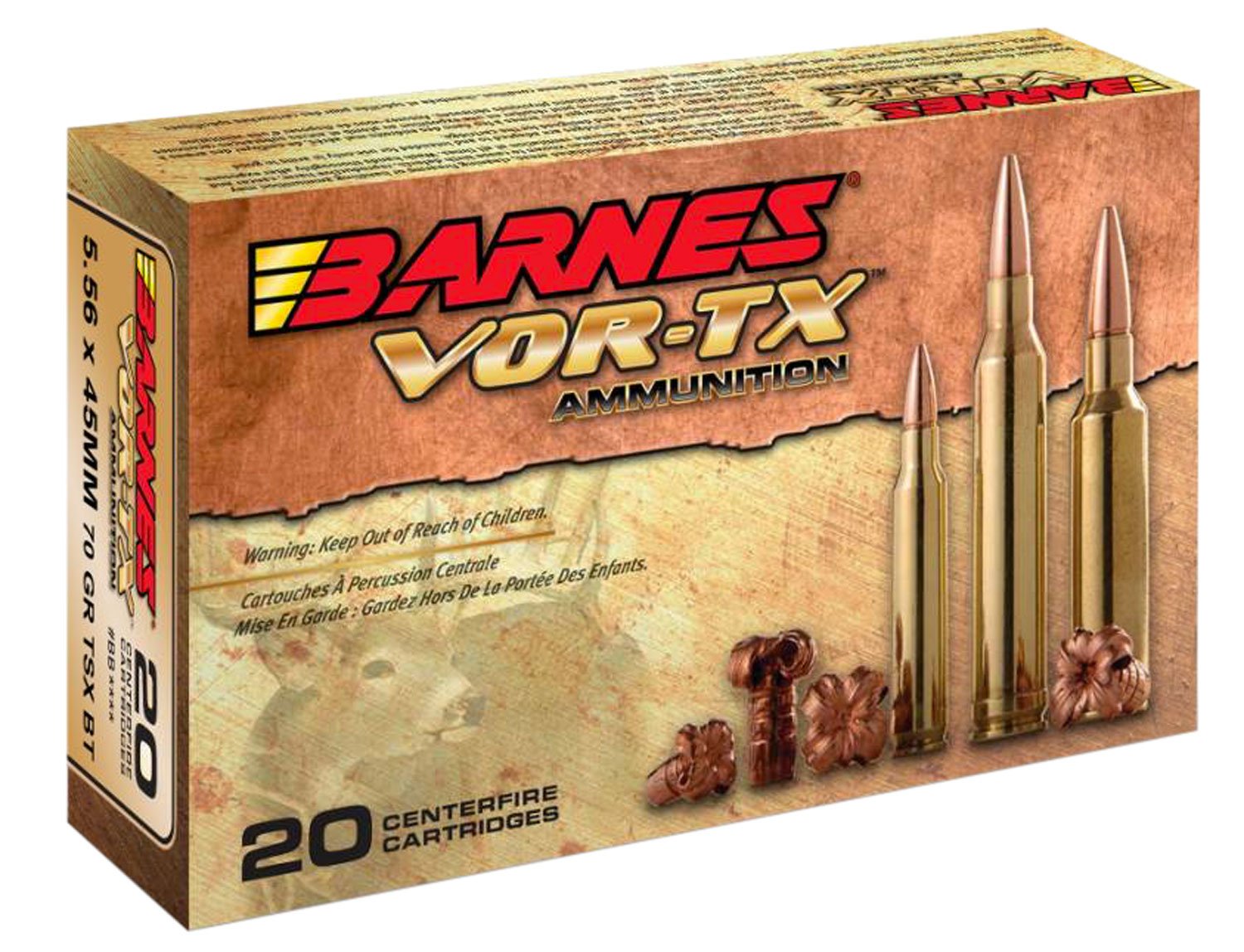 Barnes Bullets VOR-TX 70 gr TSX Boat Tail 5.56 Ammo, 20/box - 31191 - Barnes