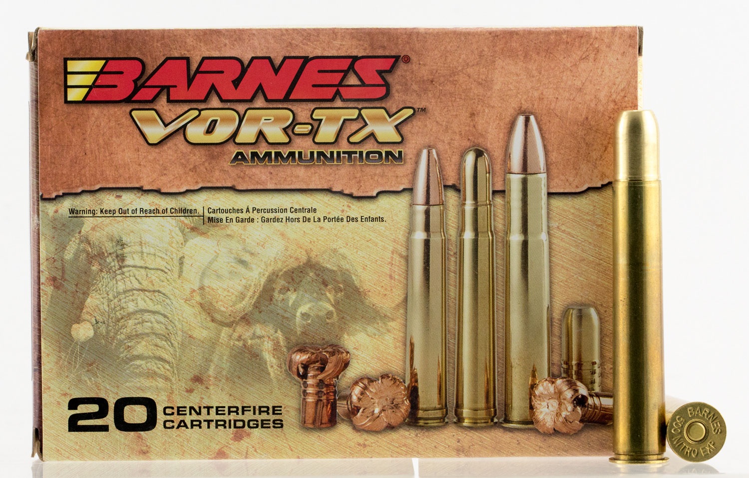 Barnes Bullets VOR-TX Safari 570 gr Round Nose Banded Solid .500 Nitro Express Ammo, 20/box - 22033 - Barnes