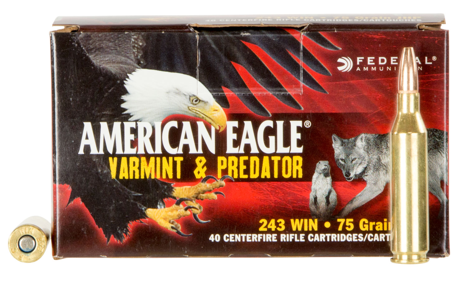 Federal American Eagle Varmint and Predator 75 gr Jacketed Hollow Point .243 Win Ammo, 40/box - AE24375VP - Federal