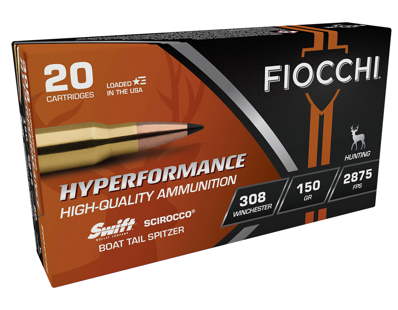 Fiocchi Hyperformance .308 Win 150gr Scirocco Boat Tail Spitzer Ammo, 20rds - 308SCA - Fiocchi
