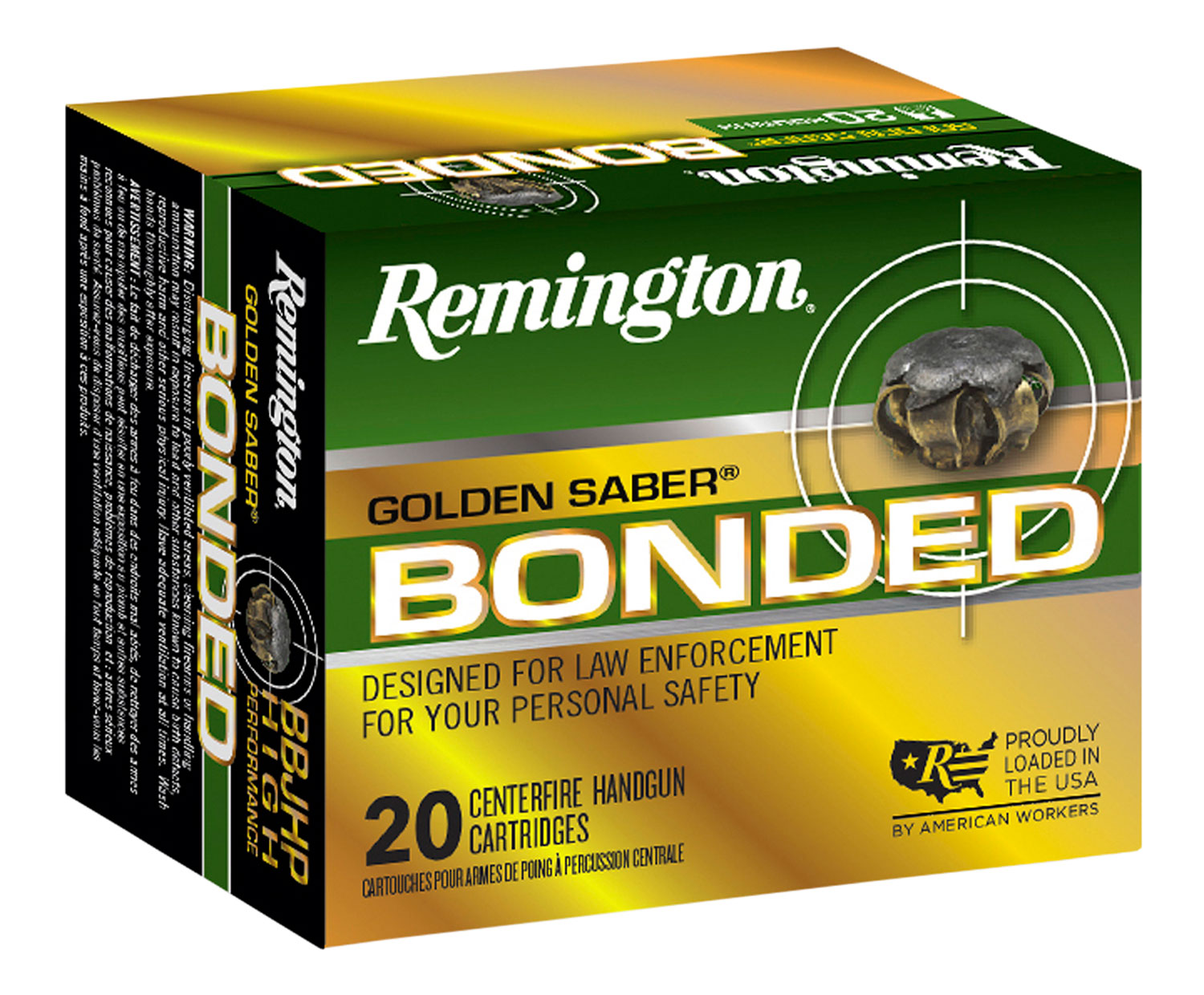 Remington Golden Saber 147 gr Bonded Brass Jacketed Hollow Point 9mm Ammo, 20/box - GSB9MMCB - Remington