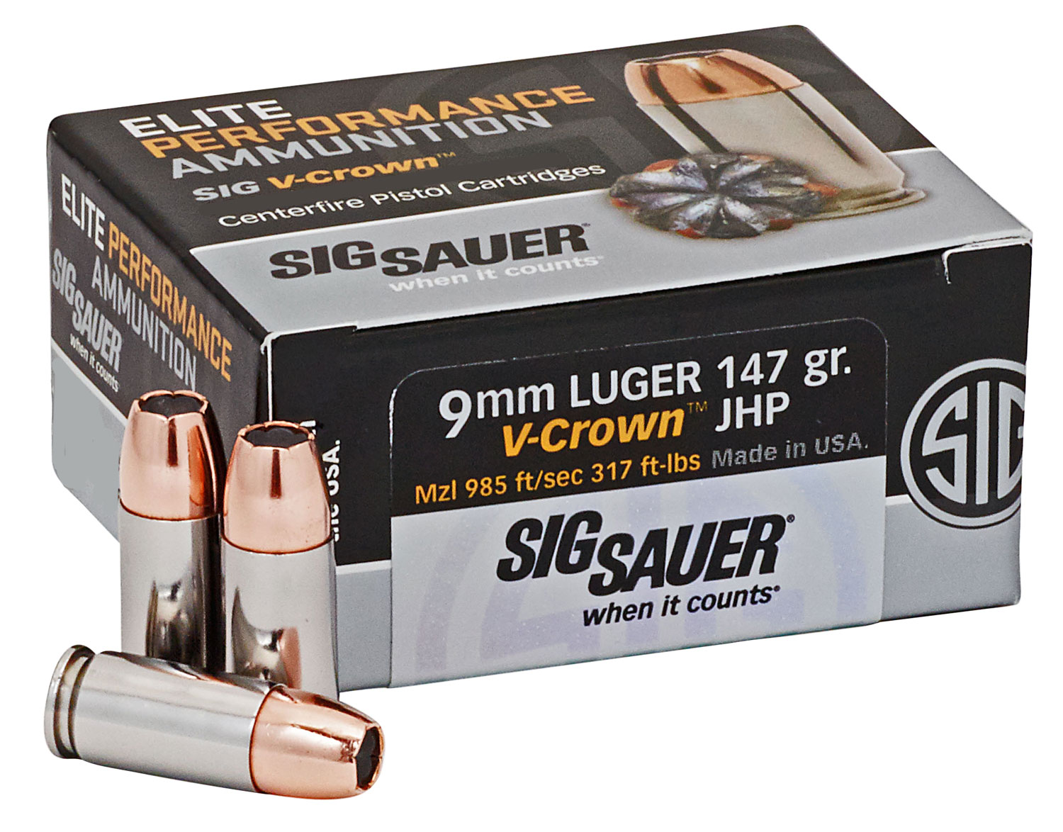 Sig Sauer Elite Performance V-Crown 9mm Ammo 147 gr JHP, 50rds - Sig Sauer