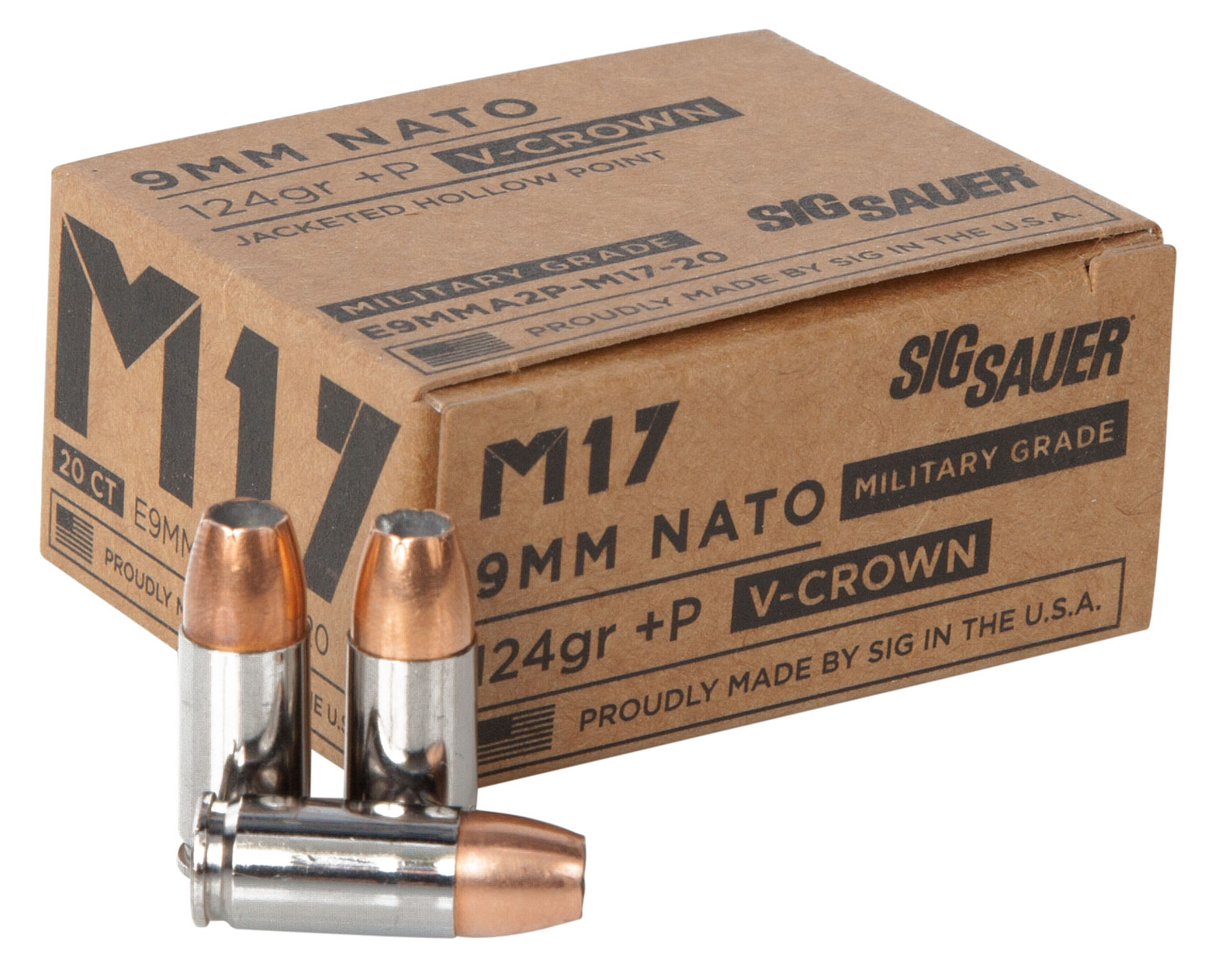 Sig Sauer Elite Performance V-Crown 124 gr Jacketed Hollow Point 9mm +P Ammo, 20/box - E9MMA2PM1720 - Sig Sauer