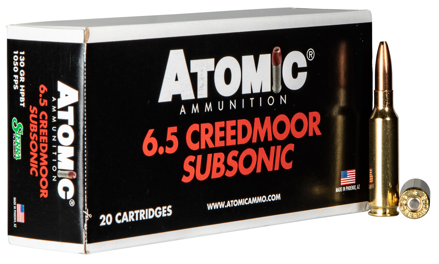 Atomic Ammunition Subsonic 130 gr Sierra Hollow Point Boat Tail 6.5 Crd Ammo, 20/box - 476 - Atomic
