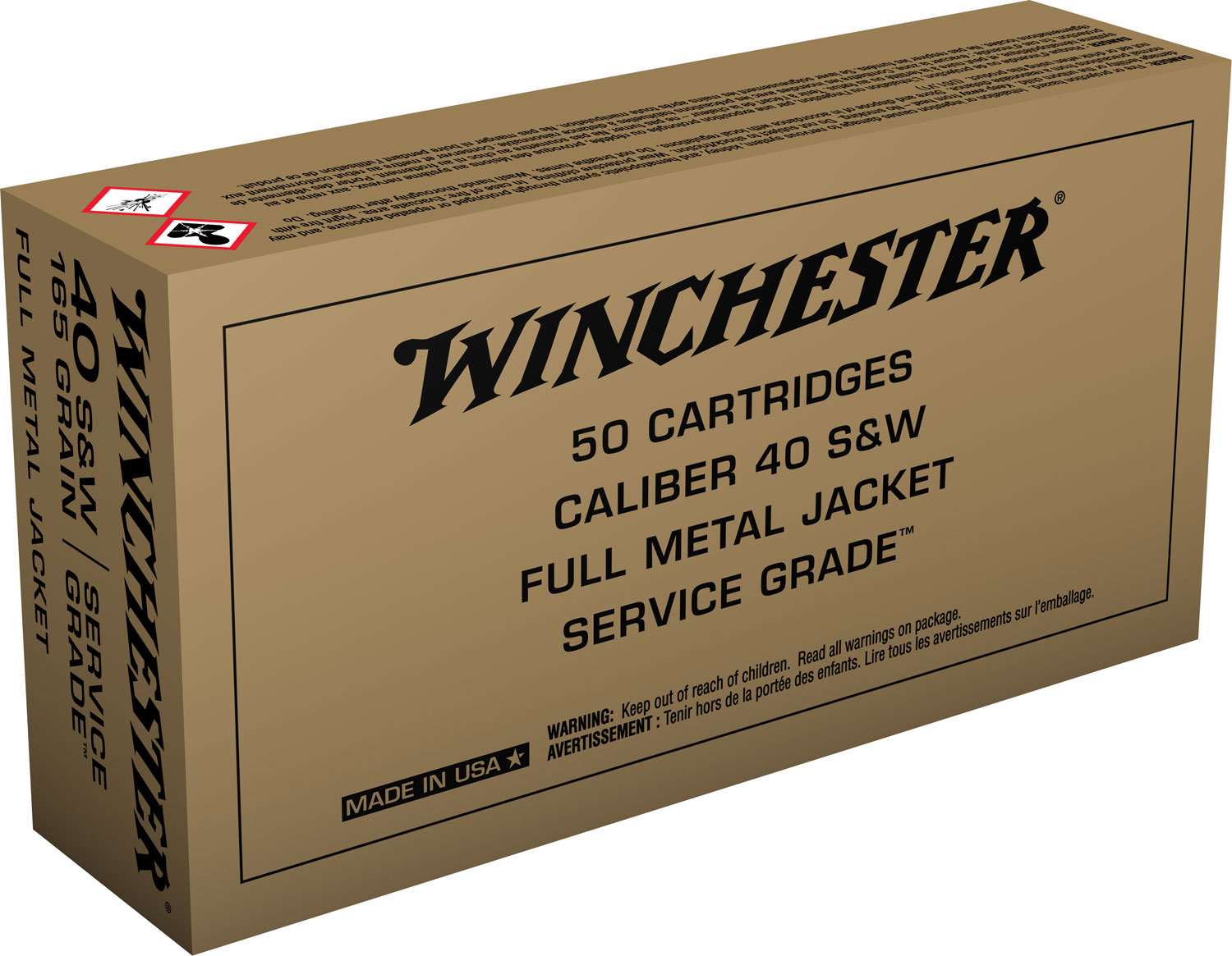 Winchester Ammunition Service Grade 165 gr Full Metal Jacket Flat Nose .40 S&W Ammo, 50/box - SG40W