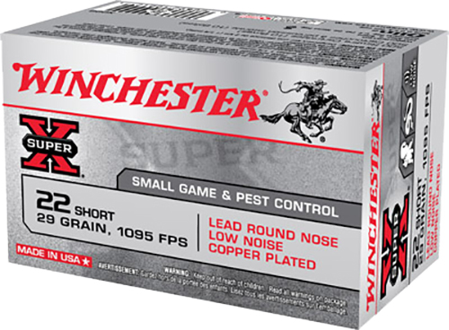 Winchester Ammunition Super-X 29 gr Lead Round Nose Low Noise Copper-Plated .22 Short Ammo, 50/box - X22S - Winchester
