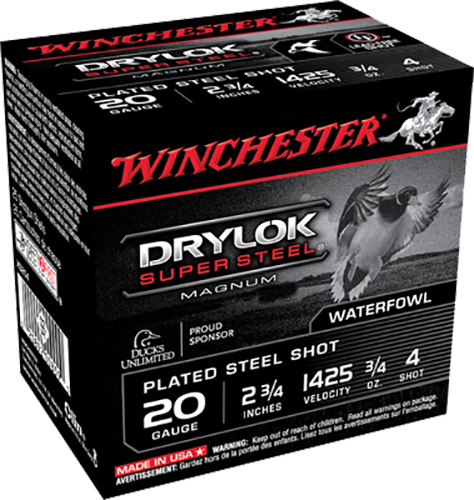 Winchester Ammunition Drylock Super Steel Magnum 2.75" 20 Gauge Ammo 4, 25/box - XS204