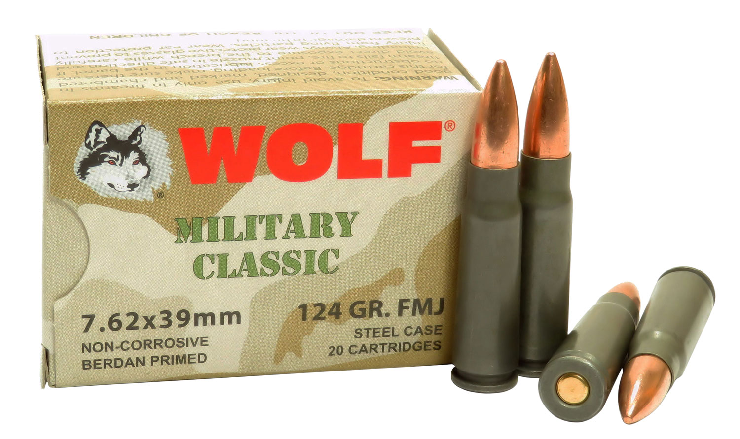 Wolf Performance Military Classic 124 gr Full Metal Jacket 7.62x39mm Ammo, 1000 rds/case - MC762BFMJ - Wolf