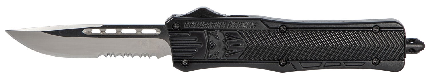 CobraTec Medium CTK-1 3" Drop Point OTF Knife, Serrated Edge, Black - MBCTK1MDS - Cobratec Knives Llc