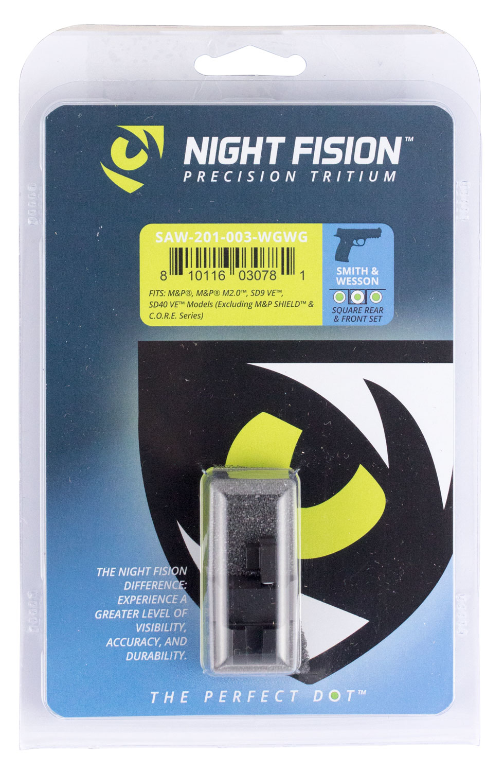 Night Fision Night Sight Set for Smith & Wesson M&P M2.0, SD9 VE Pistols, Green with White Square Front/Rear - SAW-201-003-WGWG - Night Fision