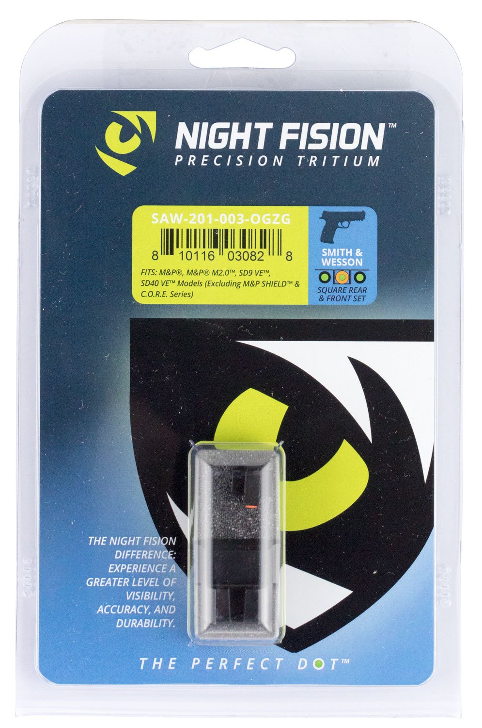 Night Fision Night Sight Set for Smith & Wesson M&P M2.0, SD9 VE Pistols, Green with Orange Square Front, Green with Black Square Rear - SAW-201-003-OGZG - Night Fision