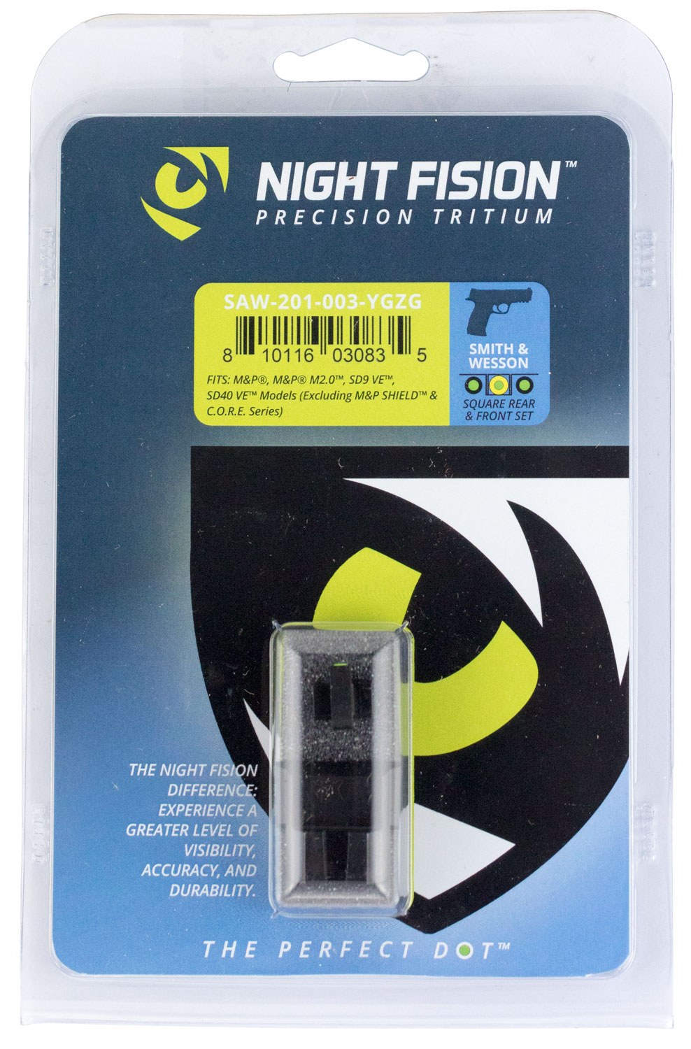 Night Fision Night Sight Set for Smith & Wesson M&P M2.0, SD9 VE Pistols, Green with Yellow Square Front, Green with Black Square Rear - SAW-201-003-YGZG - Night Fision