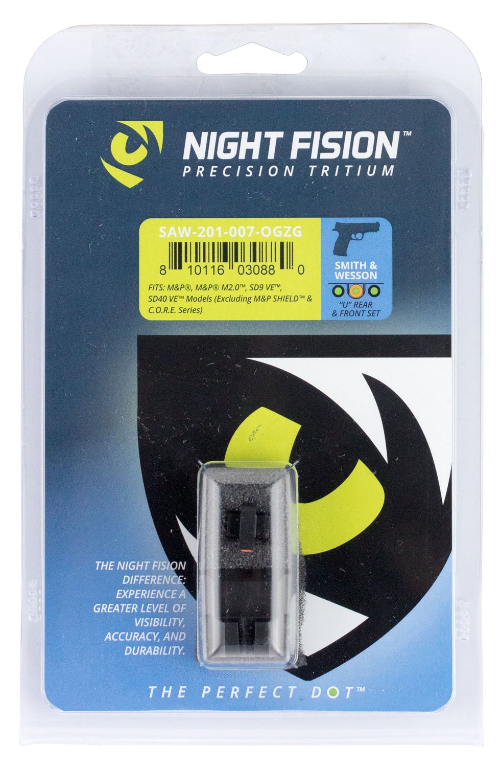 Night Fision Night Sight Set for Smith & Wesson M&P M2.0, SD9 VE Pistols, Green with Orange Square Front, Green with Black U-Notch Rear - SAW-201-007-OGZG - Night Fision