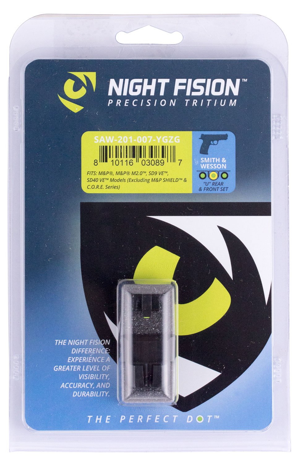 Night Fision Night Sight Set for Smith & Wesson M&P M2.0, SD9 VE Pistols, Green with Yellow Square Front, Green with Black U-Notch Rear - SAW-201-007-YGZG - Night Fision