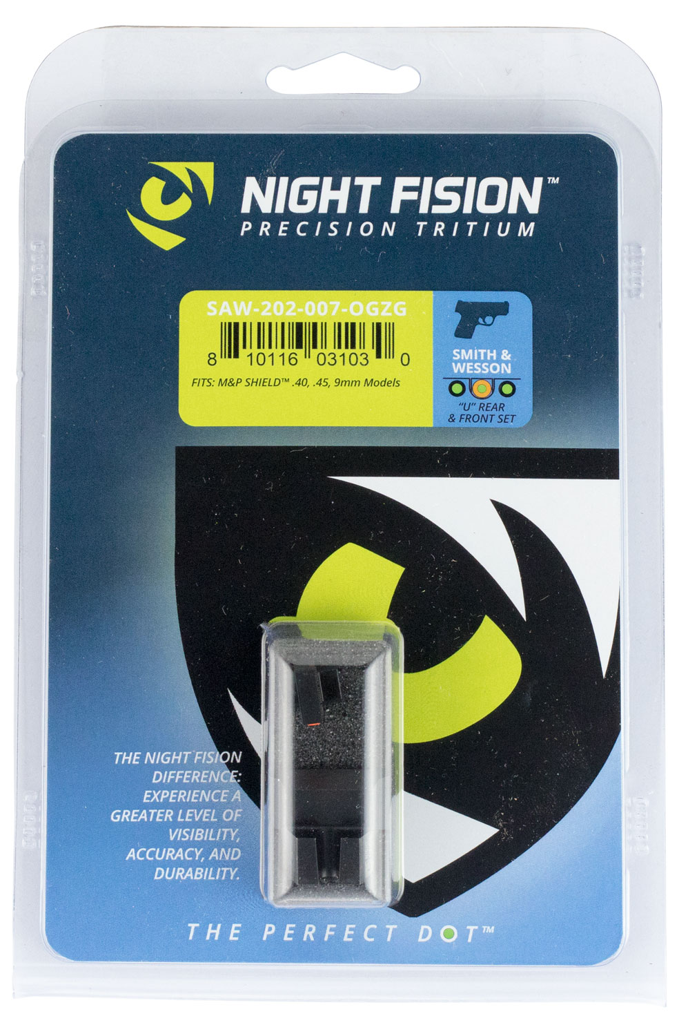 Night Fision Night Sight Set for Smith & Wesson M&P Shield 40, 45, 9mm Pistols, Green with Orange Square Front, Green with Black U-Notch Rear - SAW-202-007-OGZG - Night Fision