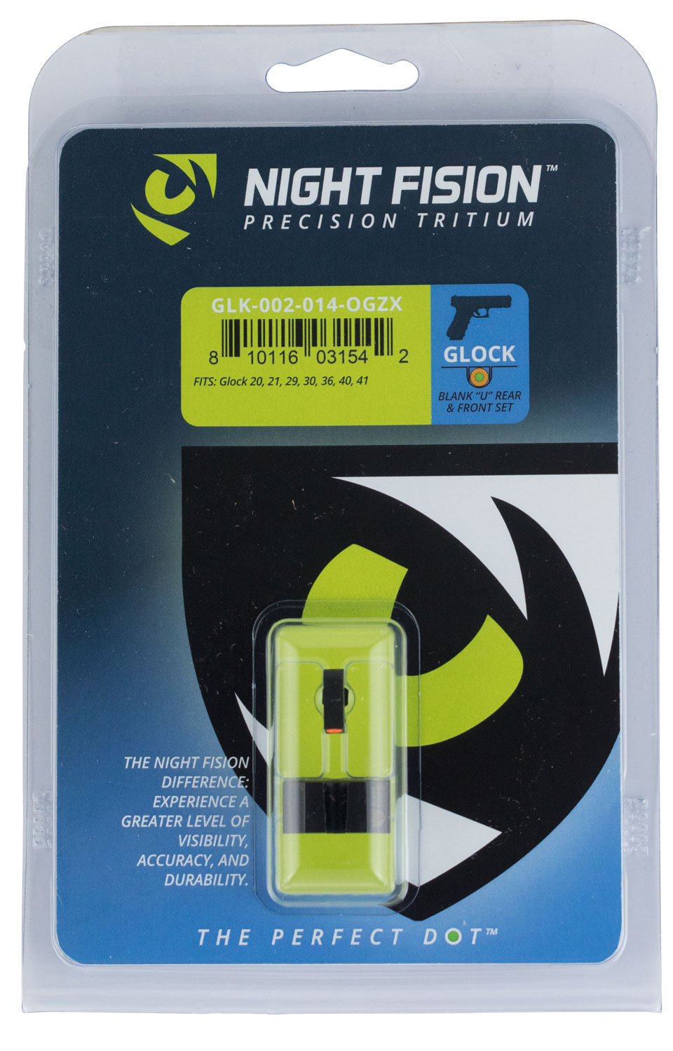 Night Fision Night Sight Set for Glock 20/21/29/30/31/32/36/40/41 Pistols, Green with Orange Square Front - GLK-002-014-OGZX - Night Fision