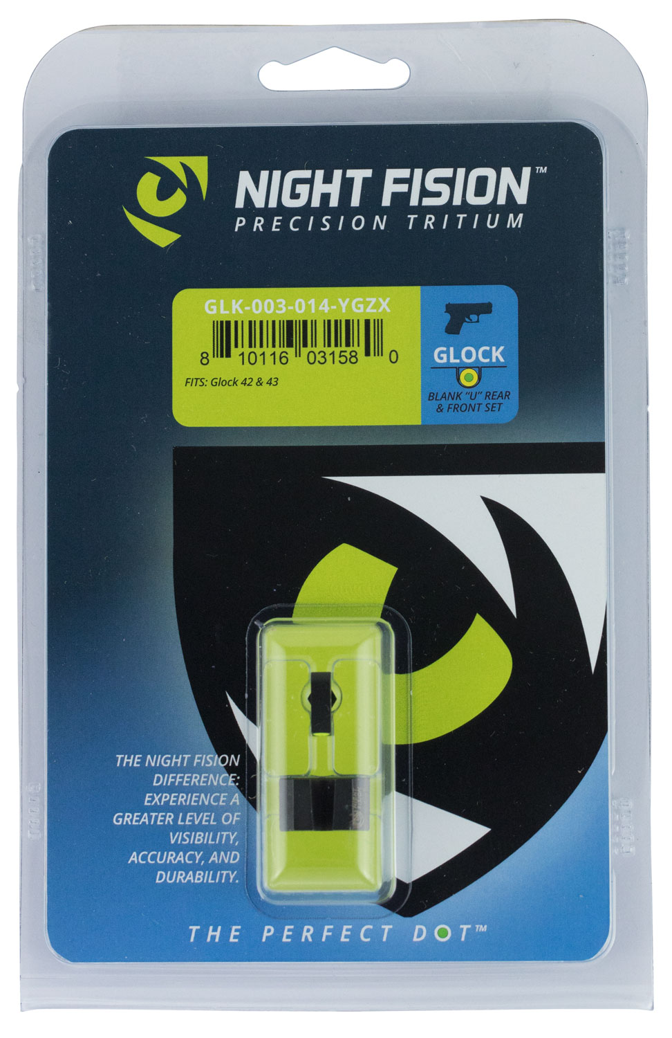 Night Fision Night Sight Set for Glock 42, 43 Pistols, Green with Yellow Square Front - GLK-003-014-YGZX - Night Fision