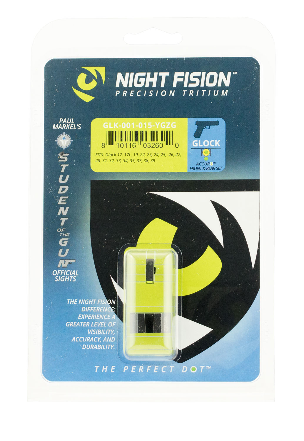 Night Fision Night Sight Set for Glock 17, 17L, 19, 22-28, 31-35, 37-39 Pistols, Green with Yellow Accur8 Front Green with Black Square Rear - Night Fision