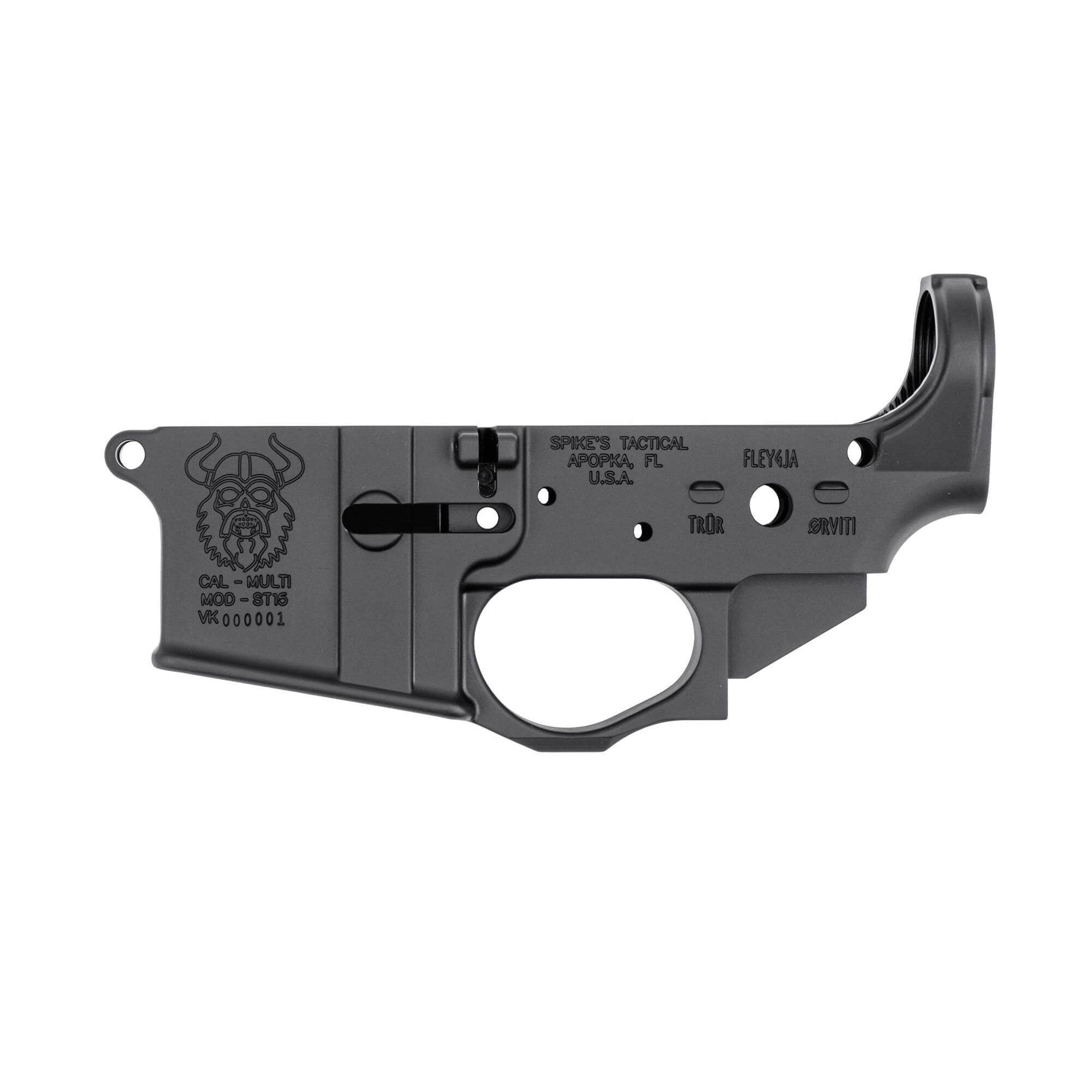 Spikes Tactical Multi-Caliber Viking Logo Stripped Lower Receiver, Hardcoat Anodized Black - STLS031 - Spikes Tactical