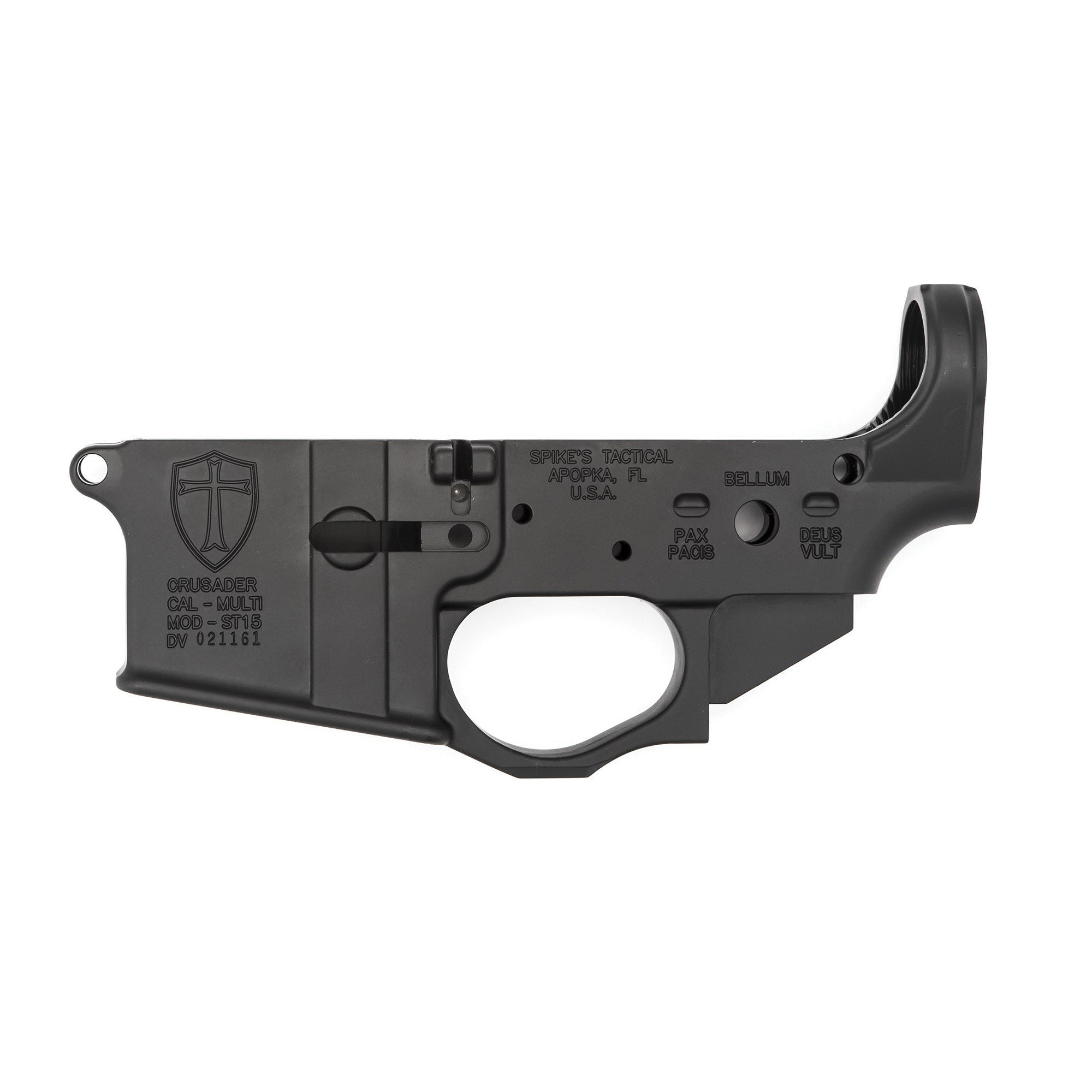 Spikes Tactical Multi-Caliber Crusader Logo Stripped Lower Receiver, Hardcoat Anodized Black - STLS022 - Spikes Tactical
