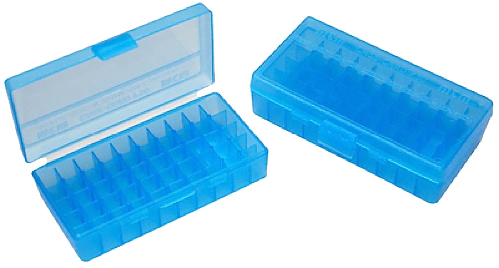 MTM Case Gard P-50 9mm/.30/.32 S&W/.380 ACP/9mm Makarov 50 Round Flip-Top Ammo Box, Clear Blue - P509M24