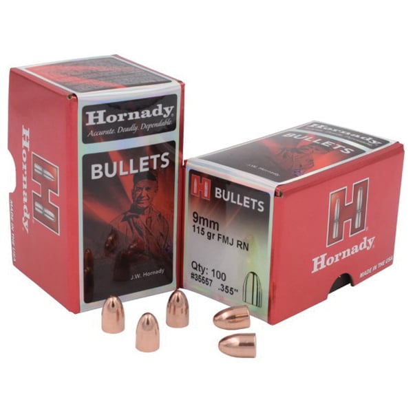 Hornady FMJ 9mm 115 gr RN Handgun Bullet, 500/box - 355571 - Hornady