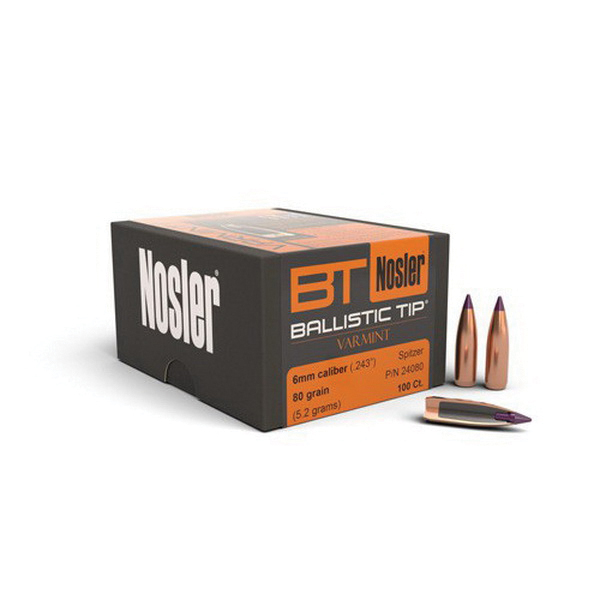 Nosler Ballistic Tip Varmint 6mm 80 gr SBT Rifle Bullet, 100/box - 24080 - Nosler