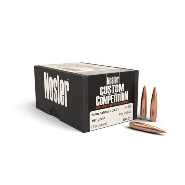 Nosler Custom Competition Match 6mm 107 gr HPBT Rifle Bullet, 100/box - 49742 - Nosler