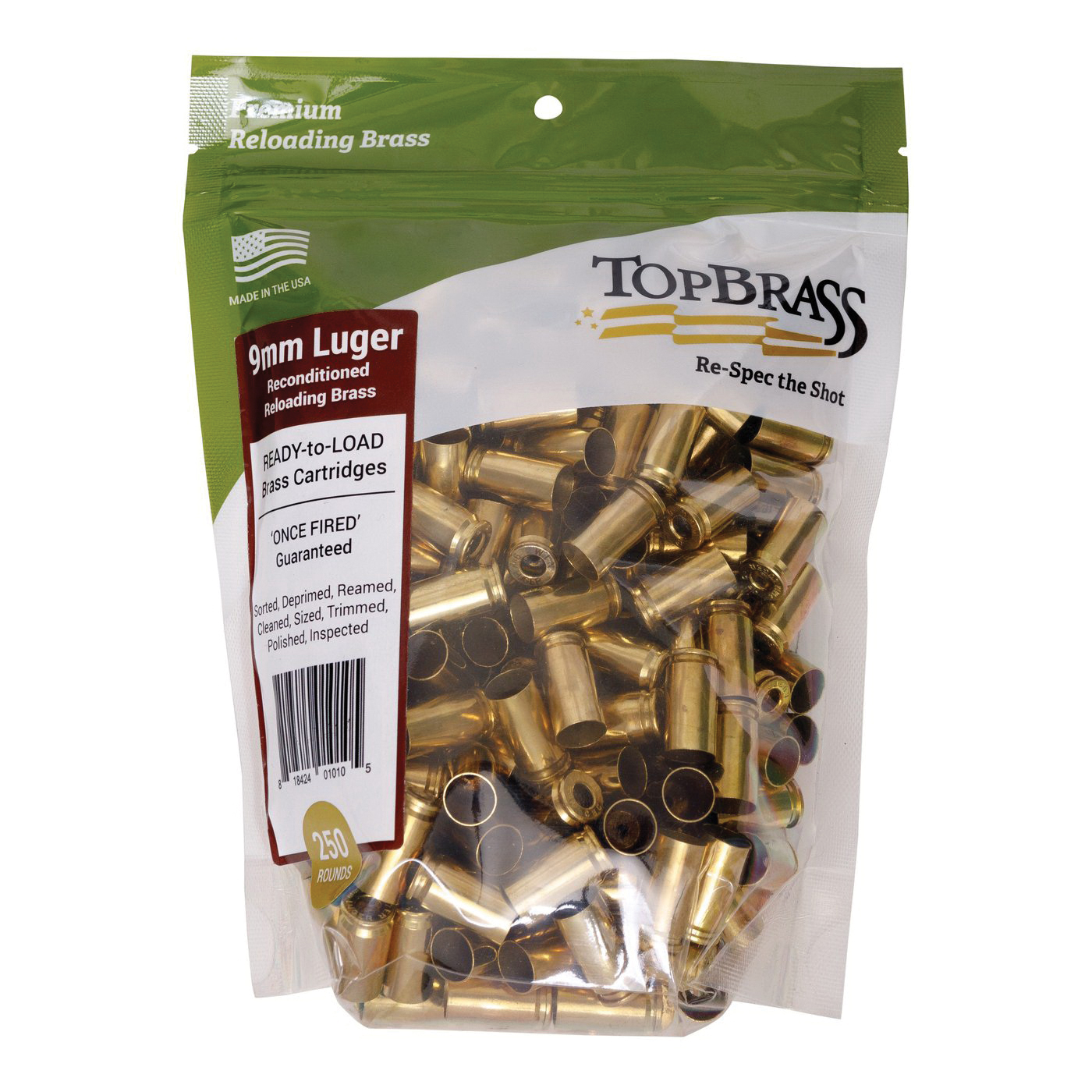 Top Brass Premium Reconditioned 9mm Unprimed Brass Full Length Cartridge Case, 250/pack - 6B9MMLUGXY-250 - Top Brass