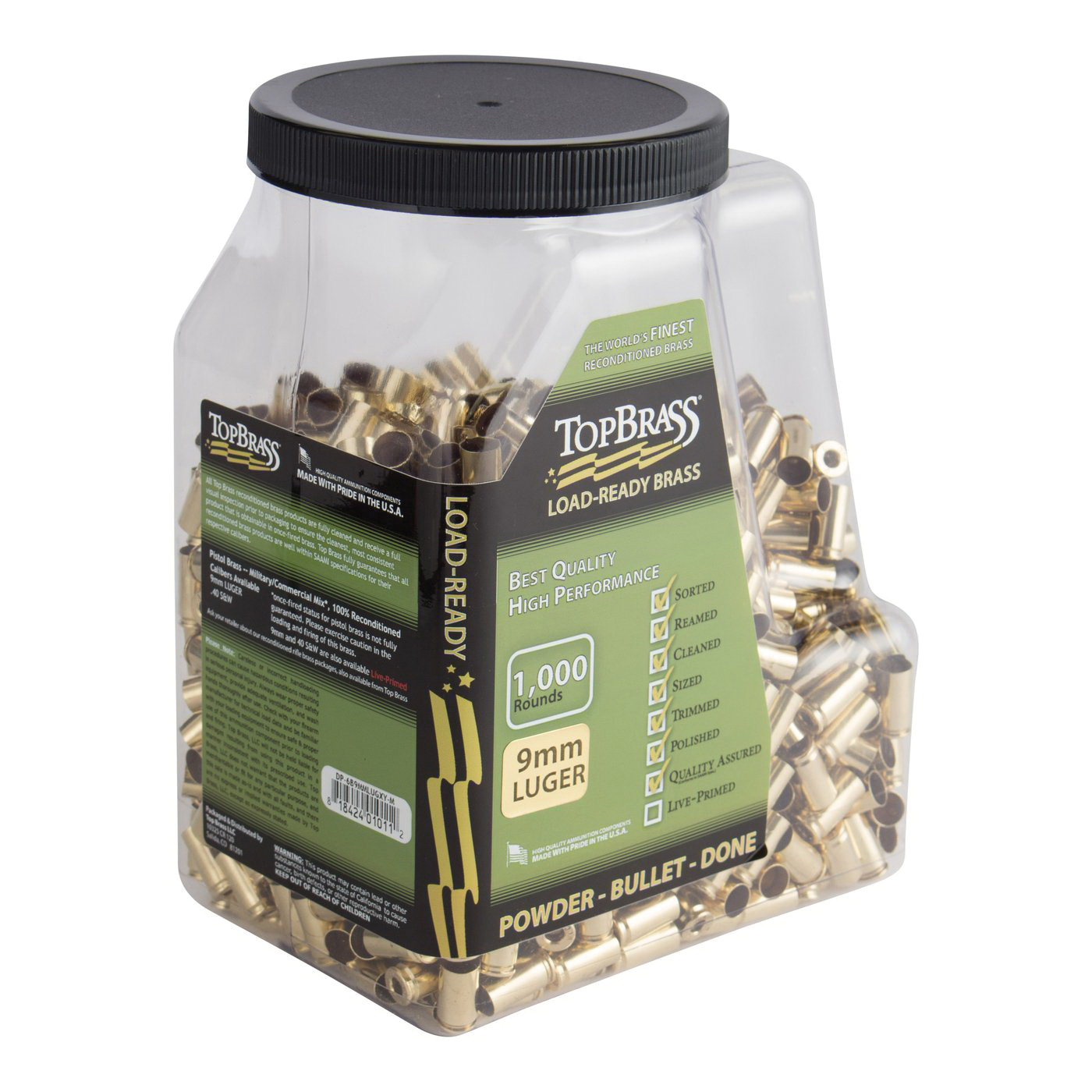 Top Brass Premium Reconditioned 9mm Unprimed Brass Full Length Cartridge Case, 100/pack - 6B9MMLUGXY-M-J - Top Brass