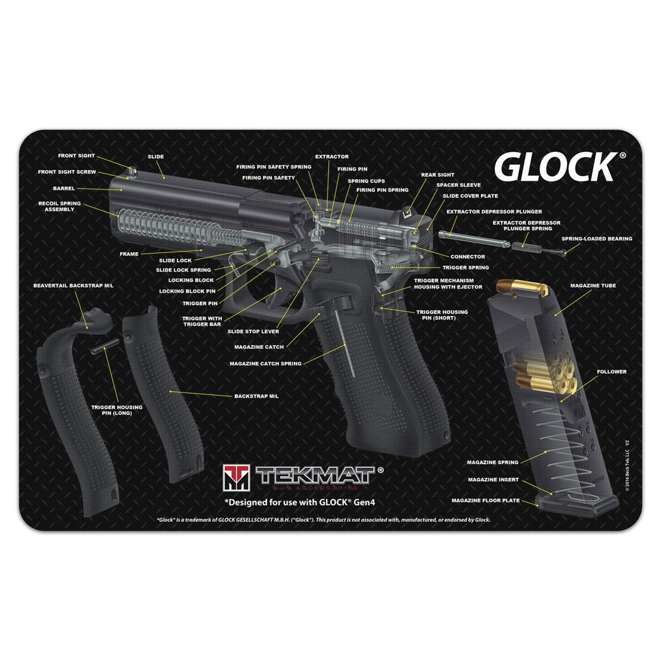 TekMat Glock 3D Cutaway Cleaning Mat, 11" W x 17" H x 0.125" T, Black/White - R17GLOCKCA - Apex