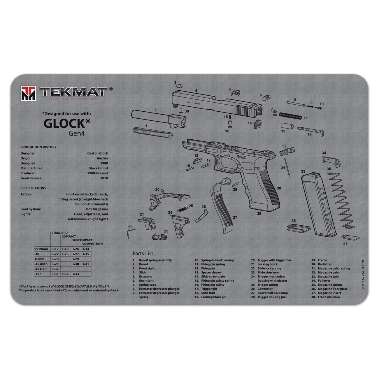 TekMat Glock Gen4 Cleaning Mat, 11" W x 17" H x 0.125" T, Gray - R17GLOCKG4GY - Apex