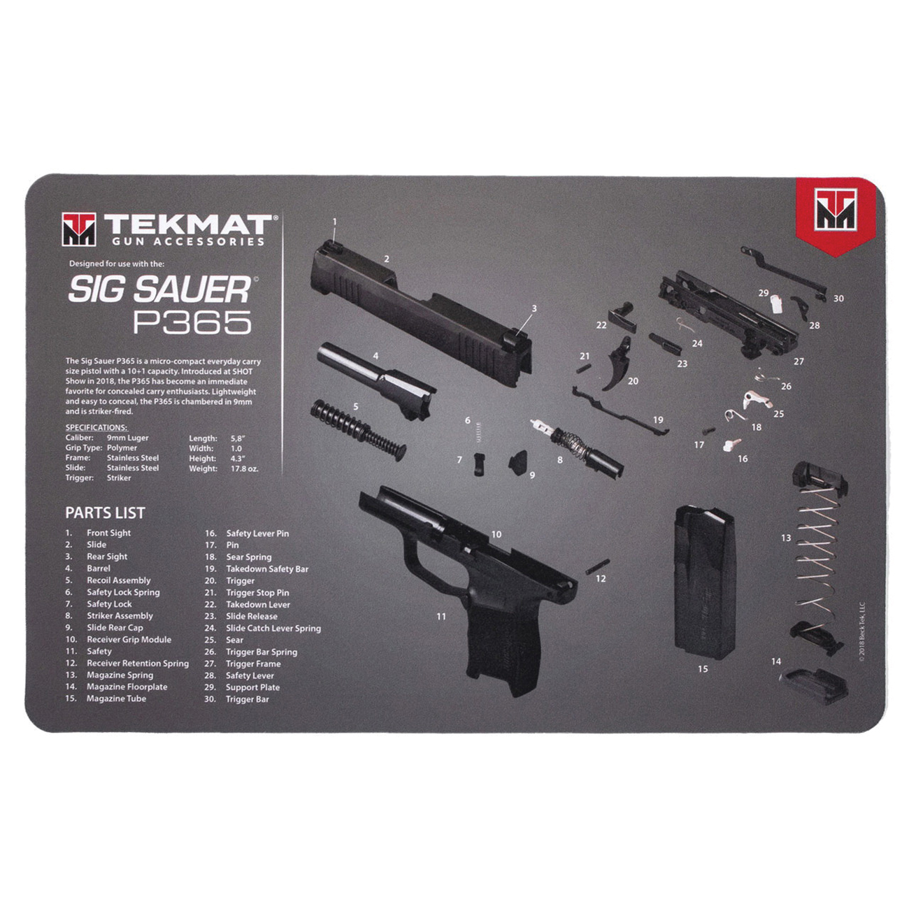 TekMat Sig Sauer P365 Cleaning Mat, 11" W x 17" H x 0.125" T, Black/Gray/White - R17SIG9365 - Apex