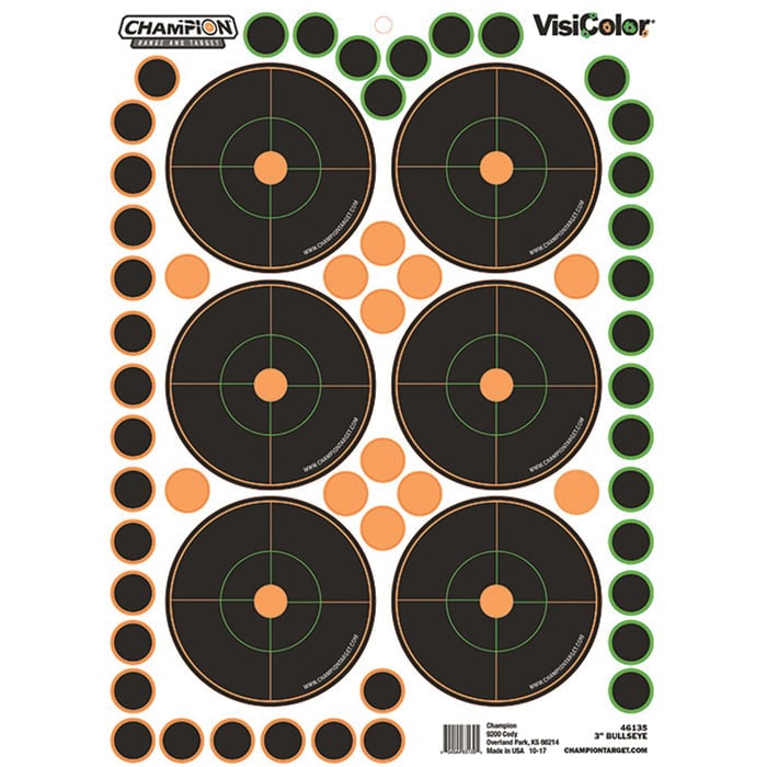 Champion VisiColor 8.5" x 11.5" Self-Adhesive 3" Bullseye Target, Orange/Black, 5/pack - 46135 - Champion