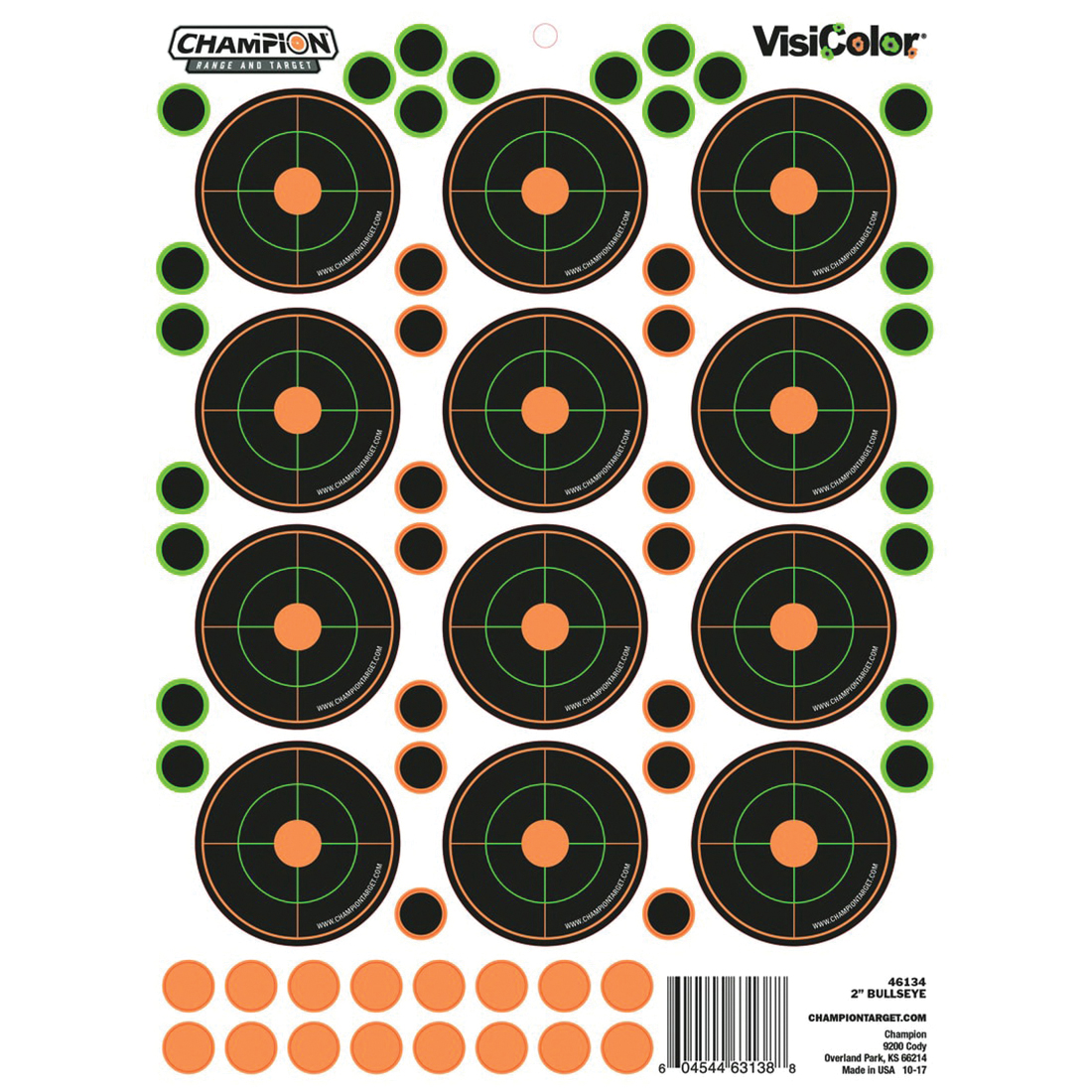 Champion VisiColor 8.5" x 11.5" Self-Adhesive 2" Bullseye Target, Orange/Black, 5/pack - 46134