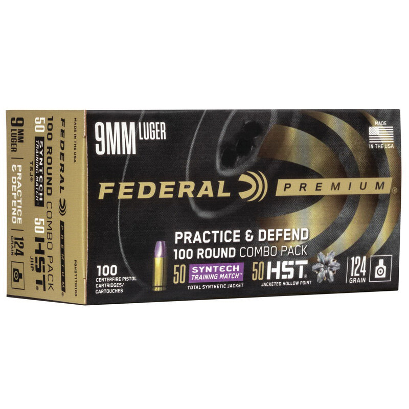 Federal Practice & Defend 124 gr HSTJHP/TSJ 9mm Ammo, 100/pack - P9HST1TM100 - Federal