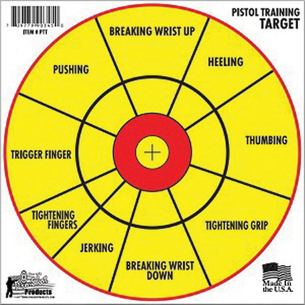 ProShot Splatter Shot 12" Right/Left Hand Bullseye Pistol Diagnostic Training Target, Red/Yellow, 6/pack - PTT-6PK