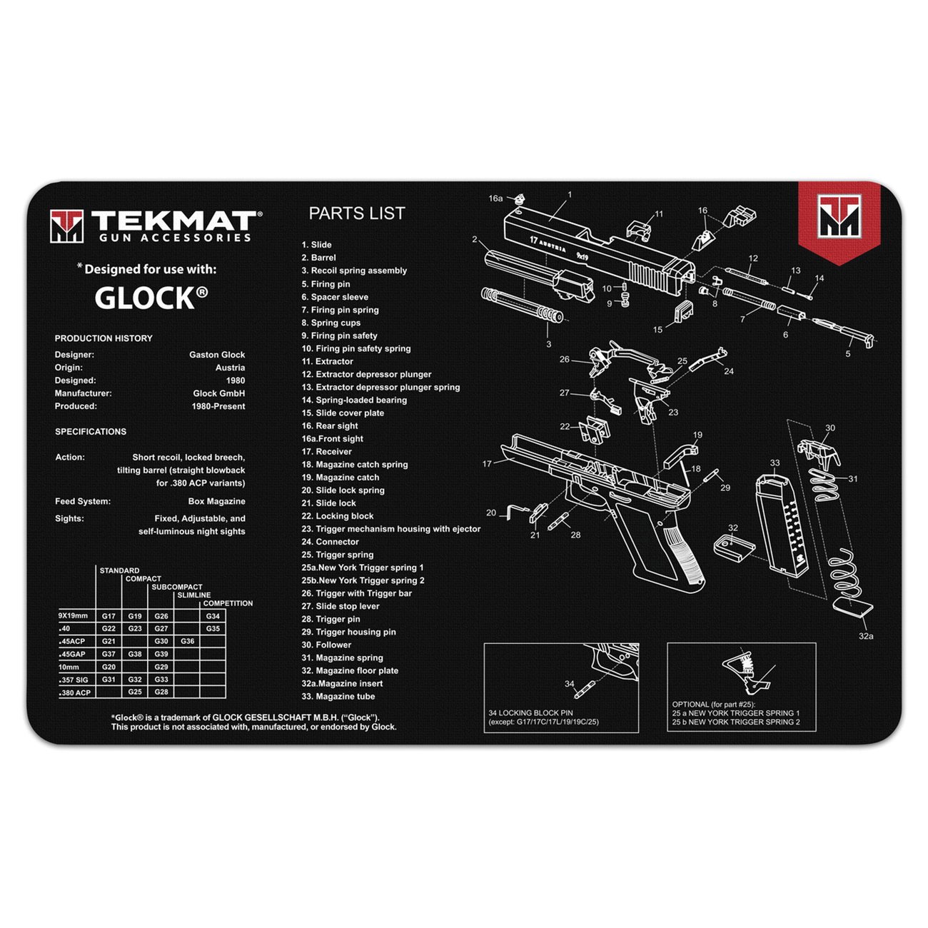 TekMat Glock Gun Cleaning Mat, 17" W x 11" H x 0.125" T, Black/White - R17GLOCK - Tekmat