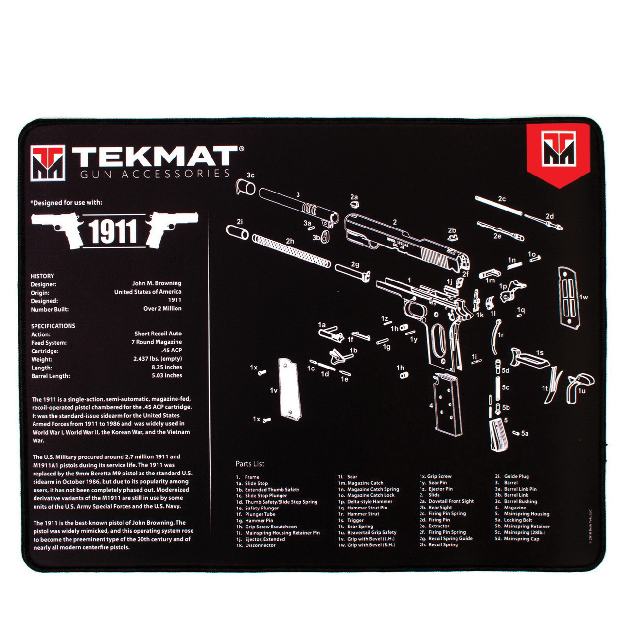 TekMat 1911 Ultra Premium Gun Cleaning Mat, 20" W x 15" Hx 0.25" T, Multi-Color - R20-1911 - Tekmat