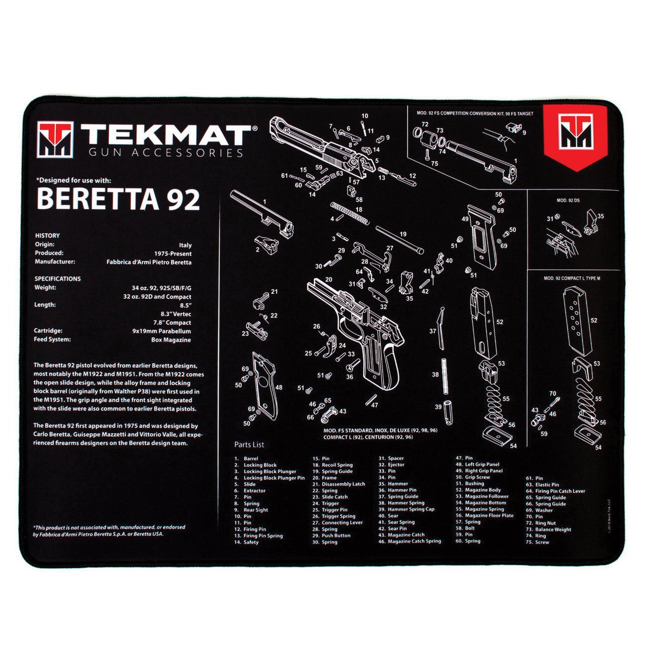 TekMat Beretta 92 Ultra Premium Gun Cleaning Mat, 20" W x 15" Hx 0.25" T, Black/White - R20-BER92 - Tekmat