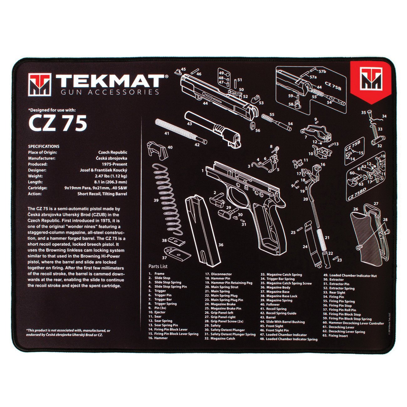 TekMat CZ 75 Ultra Premium Gun Cleaning Mat, 20" W x 15" Hx 0.25" T, Black/White - R20-CZ75 - Tekmat