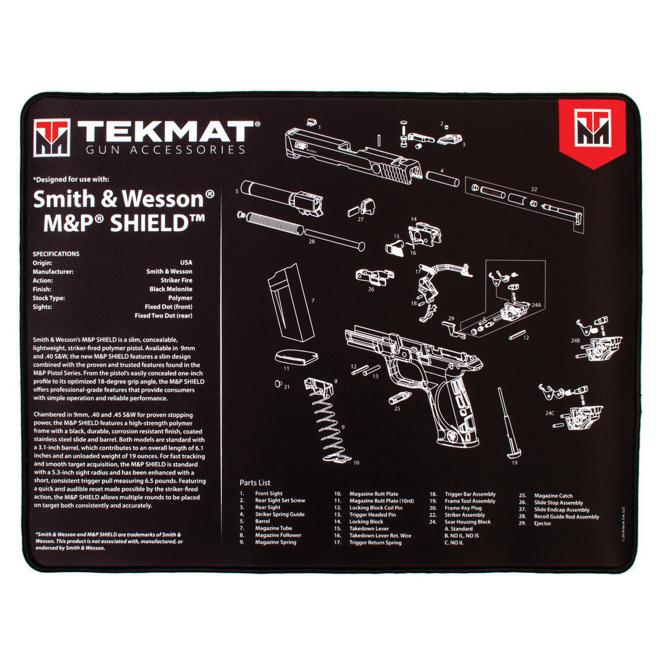 TekMat Smith & Wesson M&P Shield Ultra Premium Gun Cleaning Mat, 20" W x 15" Hx 0.25" T, Black/White - R20-SW-MP-SHIELD - Tekmat