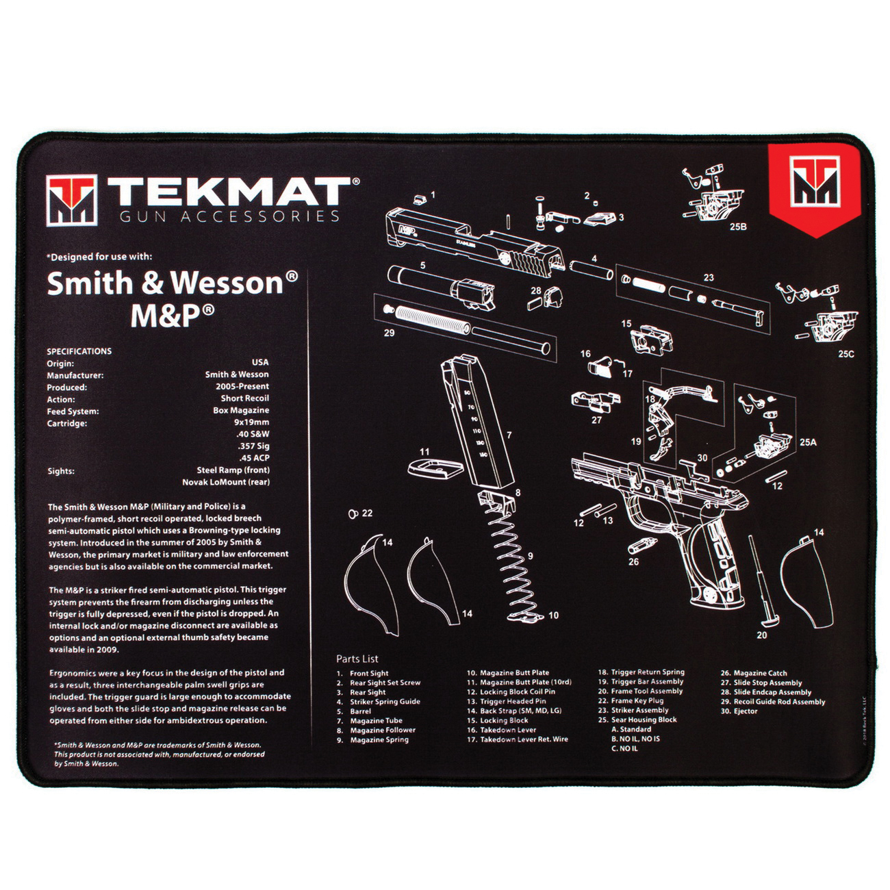 TekMat Smith & Wesson M&P Ultra Premium Gun Cleaning Mat, 20" W x 15" Hx 0.25" T, Black/White - R20SWMP - Tekmat